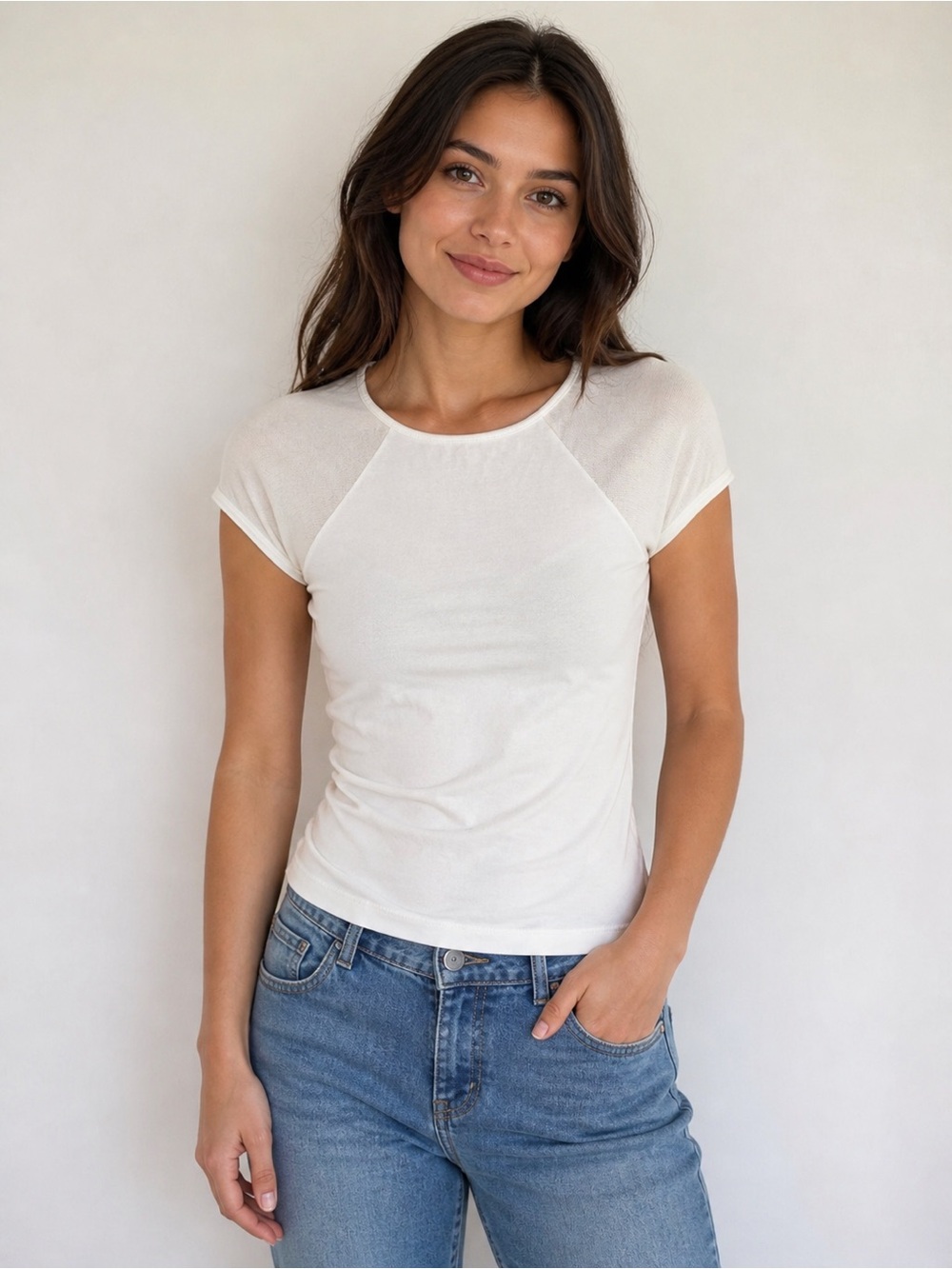 Zara Short Sleeve Crewneck Top in Off-White